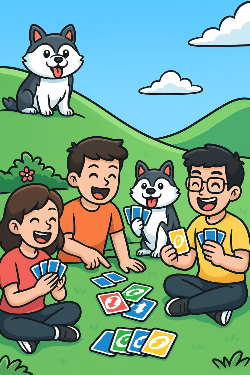 Husky playing card game with humans in the park during spring
