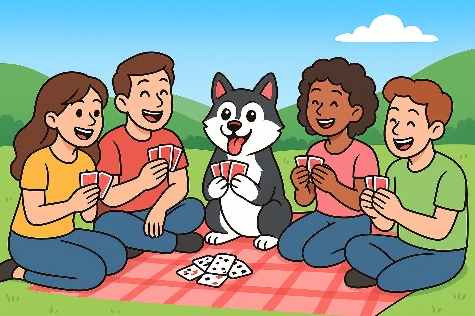 Husky playing a card game with humans in the park during spring