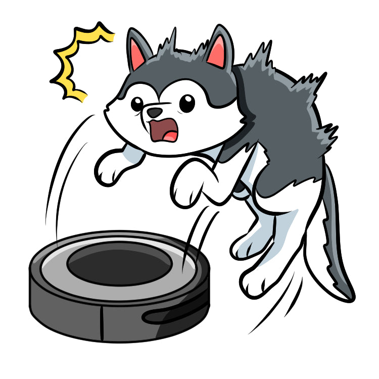 Huskies and Hand Grenades cartoon husky surprised by robot vacuum