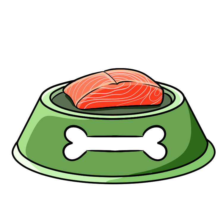 Huskies and Hand Grenades cartoon salmon dinner in dog bowl with a bone painted on the side of the bowl